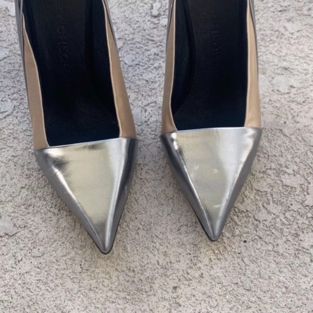 SALE☀️ Chloe Specchio Pointed Pumps, Anthracite 38.5/8.5 Satin Metallic leather - Picture 10 of 14